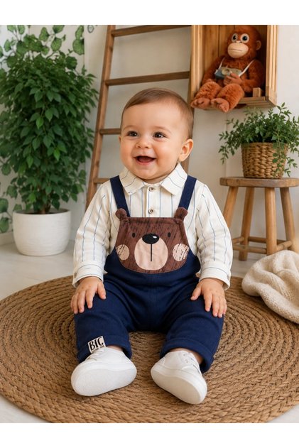 Seasonal 2-Piece Baby Boy Set with Teddy Bear Figure, Linen Shirt and Velvet Overalls.