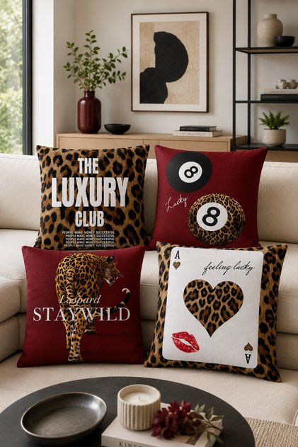 4’lü Bordo Leopar Desenli Dekoratif Kırlent Kılıfı Seti – (ÇİFT TARAFLI)