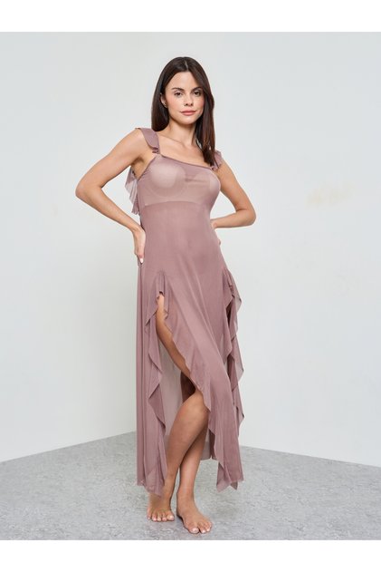Coffee Brown Solid Ruffled Trims Mesh Babydoll