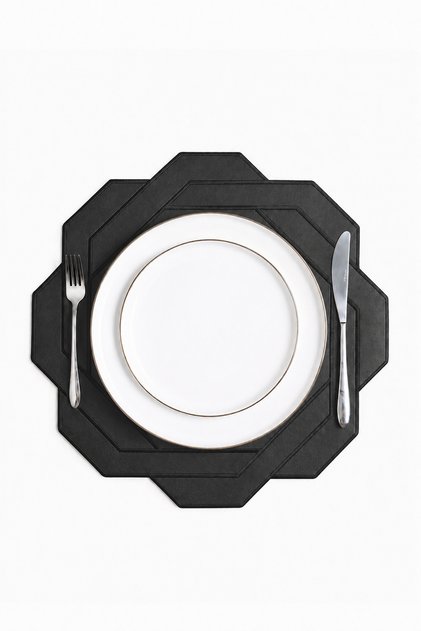 Embroidered Leather American Service Set of 2 Double-Sided Round Placemats 42X42 cm Elia Black