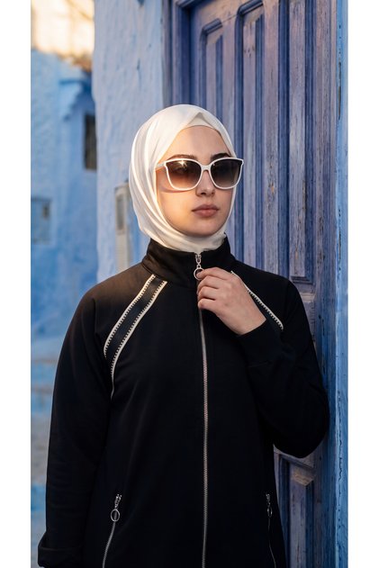 Women's Stand Collar Zippered Tunic and Wide Leg Pants Two-Piece Set