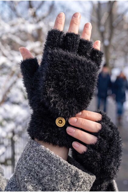 kadın Angora triko Kapaklı kesik eldiven