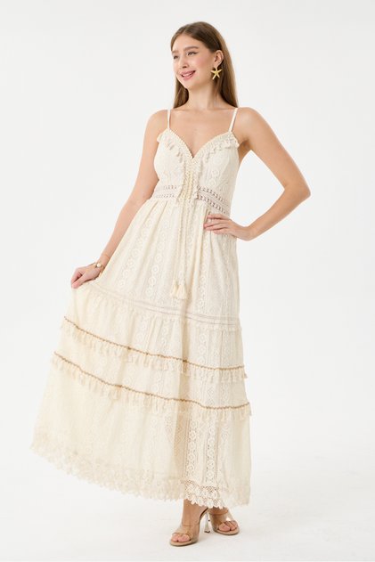 Beige Lace Back Elasticized Dress with Tassel Detail and Strap Lining, Long Dress, Size 38 - 42