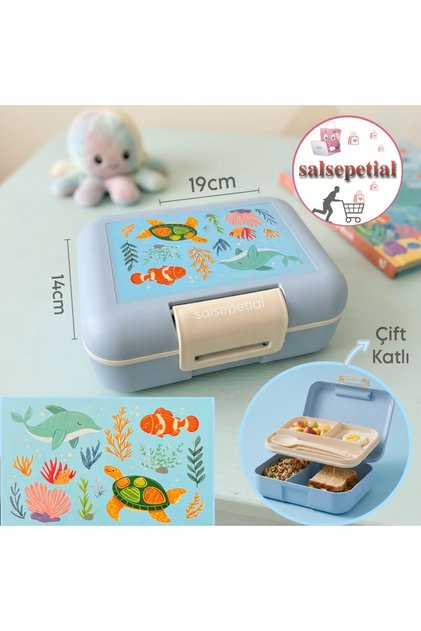 Balık Figürlü Çift Katlı Beslenme Kutusu 6 Bölmeli Kilitli Okul Beslenme Kabı Çocuk Yemek Kabı Kawaii Beslenme Kutusu Çatal Kaşık Seti Bölmeli Lunch Box