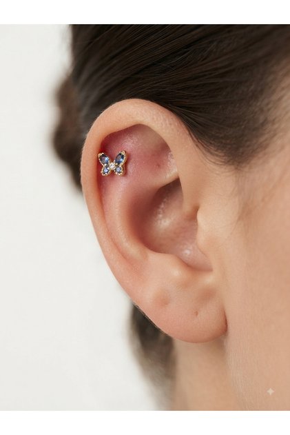 Mavi Taşlı Kelebek Figürlü Çelik Piercing Helix Lob