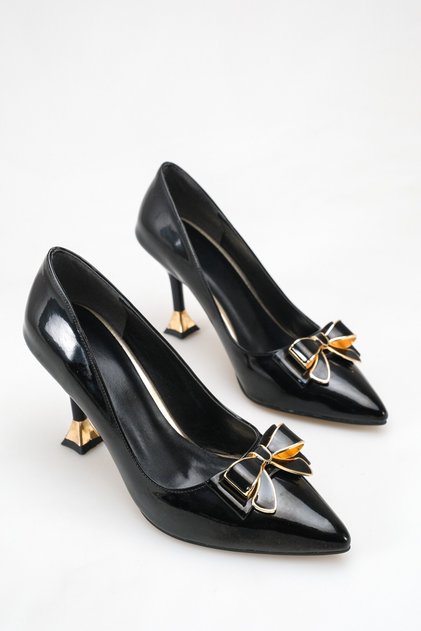 Patent Leather Shiny Pointed Toe Gold Detailed Heeled Women's Shoes