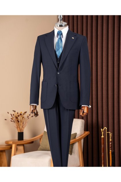Slim Fit Men's Mono Collar Pocket Jacket Vest Pants Suit Navy Blue T20136-02