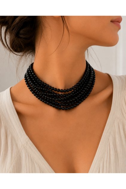 6 Sıra Siyah İnci Choker Kolye 36 cm Boyna Yakın Dökümlü Tasarım