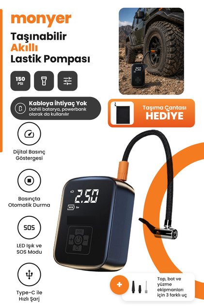 Dijital Hava Kompresörü Şarjlı Lastik Şişirme Pompası 3600mAh Akülü Mini Otomobil Jip Motosiklet Bisiklet Elektrikli Scooter Top Şişirme Cihazı