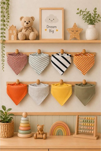 Plain and Striped (8 Pieces) 100% Cotton Fabric Double Layer Snap Fastener Baby Drool Bib & Scarf Set