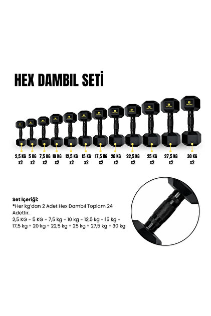 Hex Dambıl Seti 2,5 KG –30 KG 24 Parça Profesyonel Ağırlık Seti
