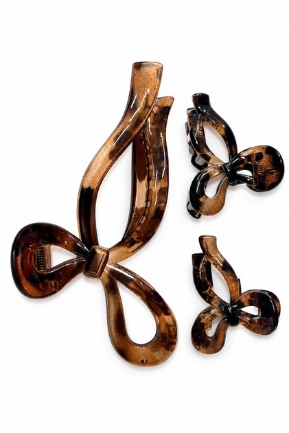 3-Piece Hair Claw Clip Set with Baga Patterned Bow Detail - One Large and Two Small Sizes