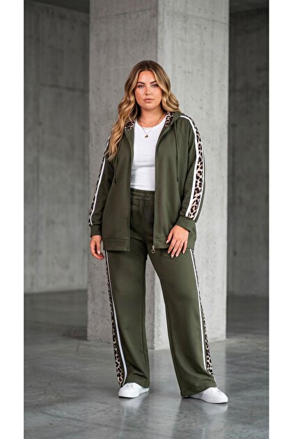 Women's Plus Size Long Sleeve Hooded Leopard Detailed Tracksuit Set 8284-26