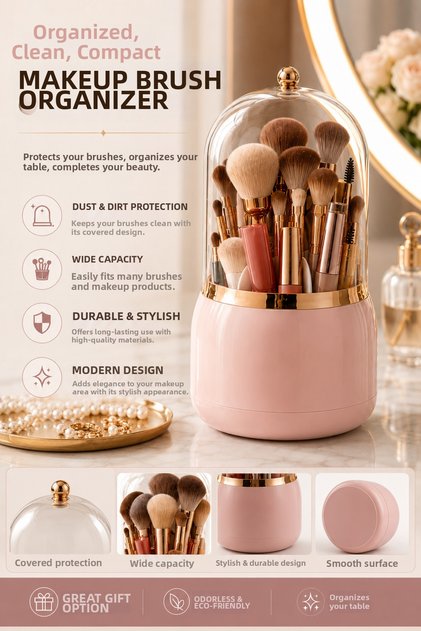 Rose 7-Compartment Makeup Organizer with Dustproof Cover, Cosmetic Organizer, Brush Holder Box
