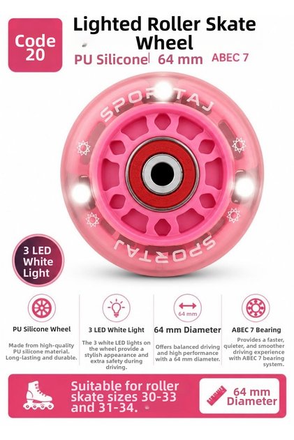 64 mm White Led Light up Pink Skate Wheel Pu Silicon Abec 7 Bearing Kod 20