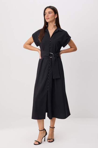 Black Shirt Collar Belt Detailed Woven A-Line Midi Dress Twoss26El00804