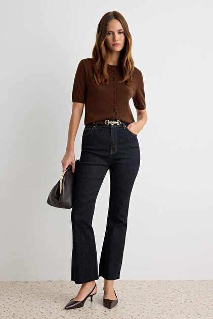 Siyah Ekstra Esnek Yüksek Bel Bilek Boy Crop Flare Jeans TWOAW27JE00202