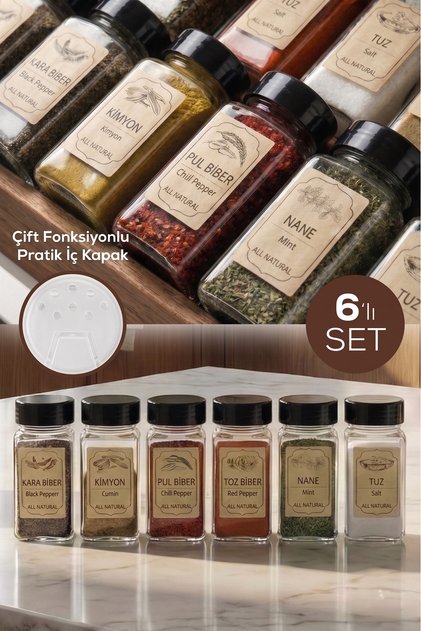 Set of 6 Black Lidded Square Glass Spice Jars with Labels - Salt and Pepper Shaker Set