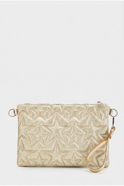 Yıldız Dikişli Clutch Star Kadın Çanta Simli Gold Zincirli En27 Boy19