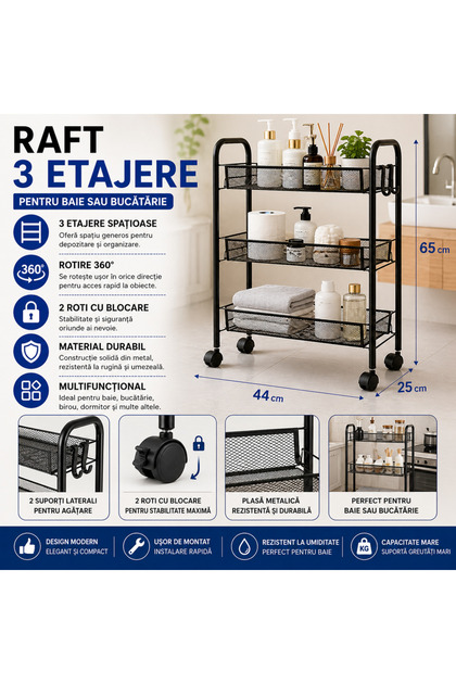 Raft mobil pentru bucătărie sau baie, Organizator, Metalic, 3 rafturi, 2 roți blocabile, 65 x 25 x 4