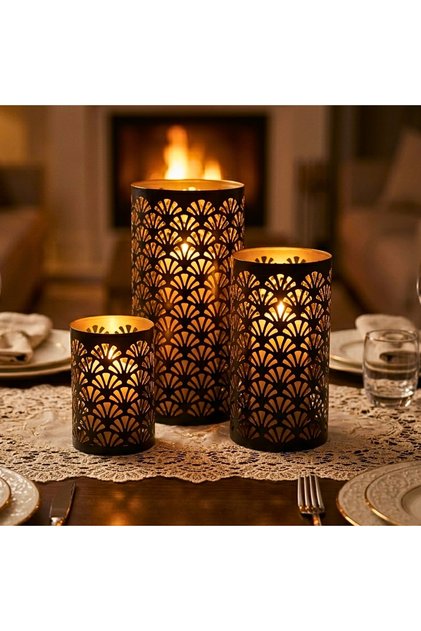 Hurricane Candle Holder Set of 3 – Black & Gold Art Deco Metal Pillar Candle Holders | Hurricane Lantern Tealight Table Centerpiece Flower Vase | Indoor Outdoor Ramadan Home Decor Gift