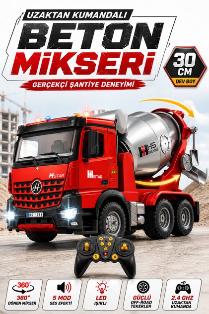 Uzaktan Kumandalı Beton Mikseri Full Fonksiyon Şarjlı İş Makinesi Kamyonet 5 Mod Ses Efekt Işıklı