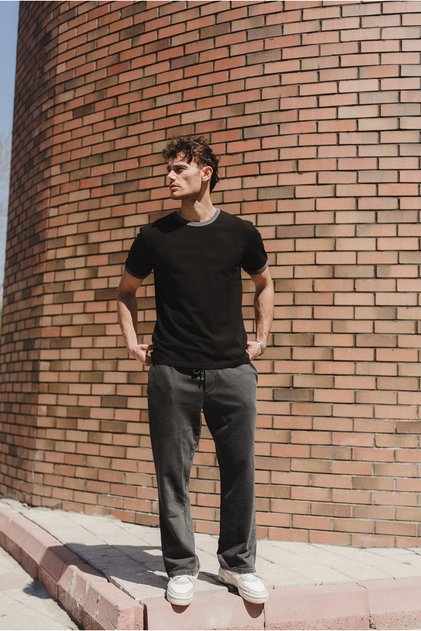 Men's Washed 3-Yarn Combed Cotton Baggy Sweatpants with Elastic Waist and Laces