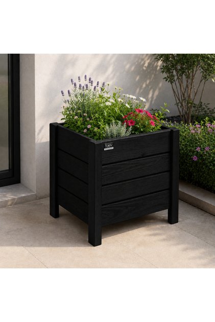 Siyah Kare Ahşap Dış Mekan Saksısı Dekoratif Saksı Hazır Kurulu 50cm X 50cm Yükseklik 50cm