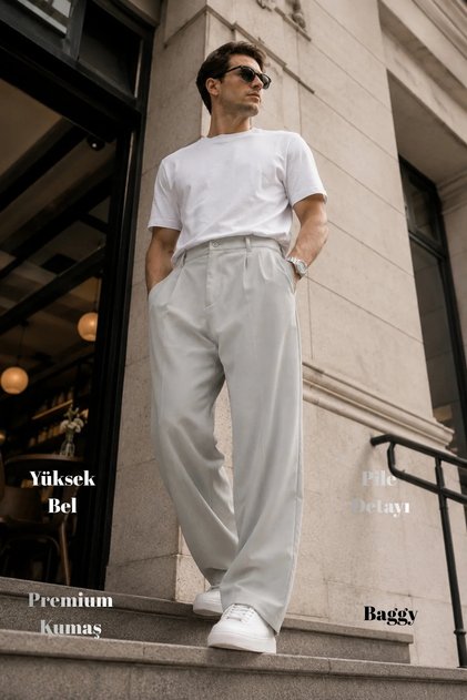 Xcedy Premium Men's High Waist Pleated Baggy Pants Comfortable Wide Cut Flowy C358 Stone