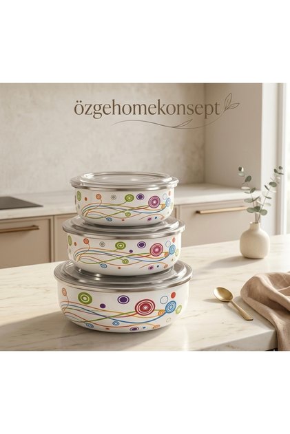 3-Piece Enamel Storage Container Set – Vacuum-Locked Lid – 14/16/18 cm – Multi-Purpose Large Size Refrigerator Storage Container