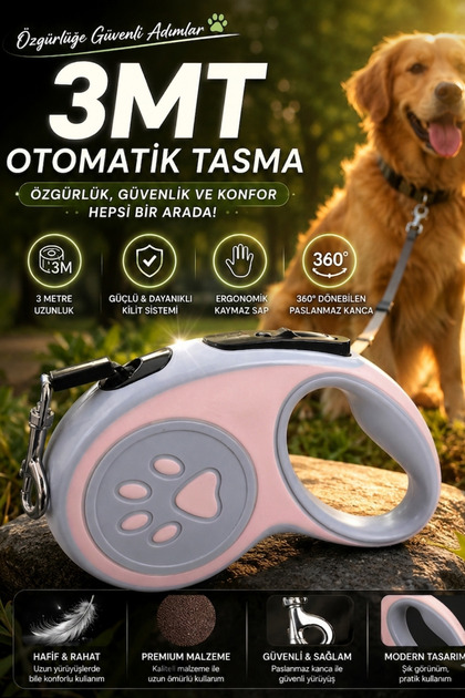 1. Kalite Evcil Hayvan Otomatik Geri Çekilebilir Pati Desenli Gezdirme Tasması 3 Metre