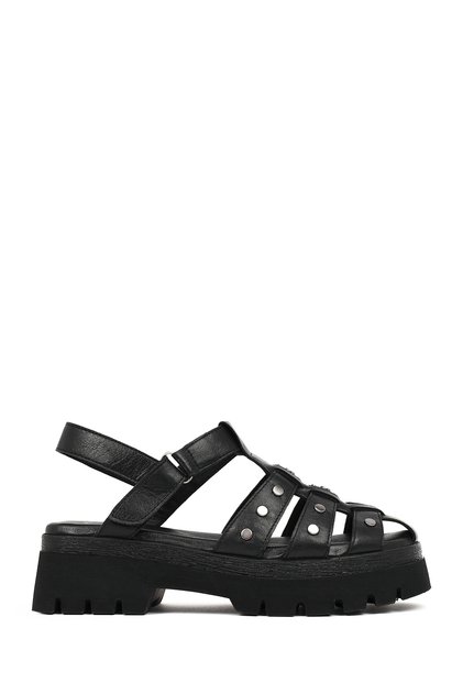 Women's Black Strappy Thick-Soled Leather Sandals 26Sfd207418