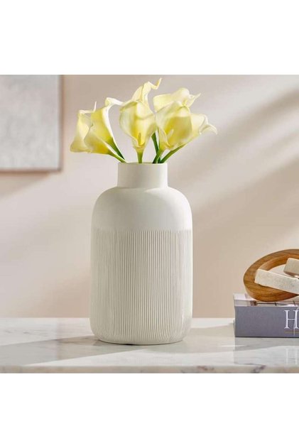 Roa Ceramic Ribbed Decor Vase 14.3x14.3x25cm - Beige