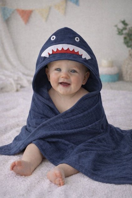 Shark - Shark Embroidered Muslin 100% Organic Cotton - Summer Sea and Pool Wear - Baby Newborn Bath Drying Swaddle - Towel - Hooded - Poncho - Navy Blue