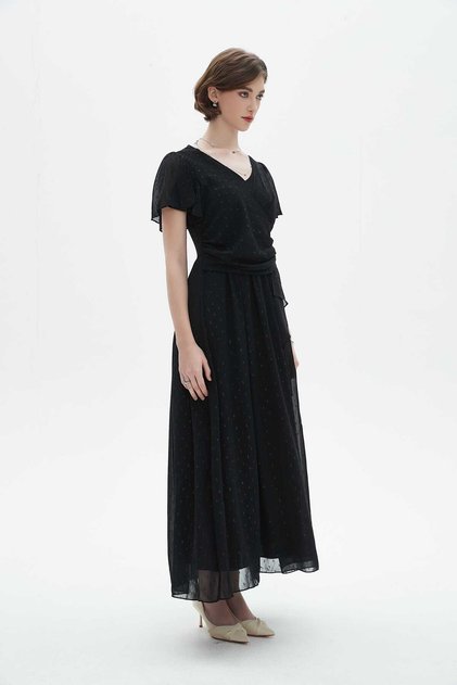 V-Neck Ruffled Midi Dress with Half Sleeves