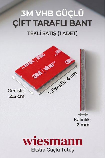 3M VHB Güçlü Tutuşlu Suya ve Sıcağa Dayanıklı Çift Taraflı Bant Mutfak, Banyo, Araç, Ayna Yüksek Sağlamlık Yedek Yapıştırıcı 4x2.5 cm (1 Adet)