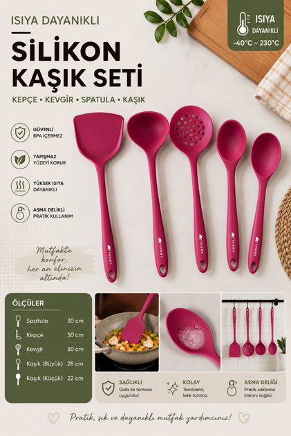 Ivory Hard Tip Heat Resistant Silicone Colander Spatula Spoon Set 5 Pieces Black
