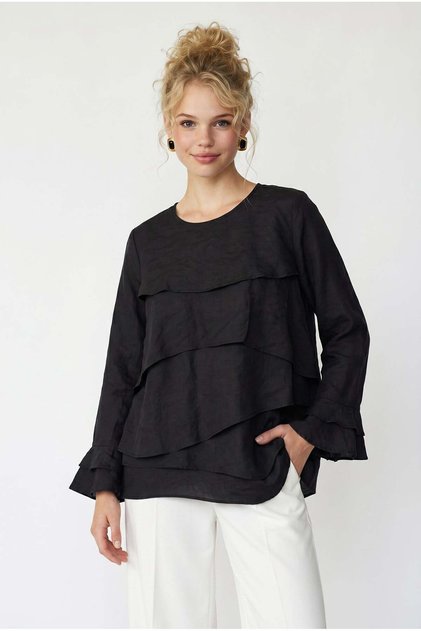 4850 Women's Flounce Asymmetrical Cut Draped Blouse Black
