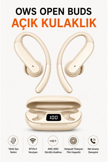 OWS Açık Kulak Bluetooth Kulaklık, AI Akıllı Çeviri Destekli Kablosuz Kulaklık, ANC+ENC Gürültü Azaltma Teknolojisi, BT 5.4, Dijital Göstergeli Şarj Kutulu Premium Kulaklık