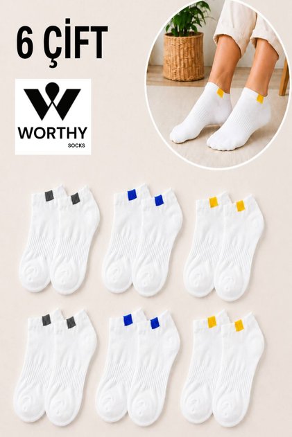 Set of 6 Unisex Rubber Square Patterned White Booties Ankle Socks