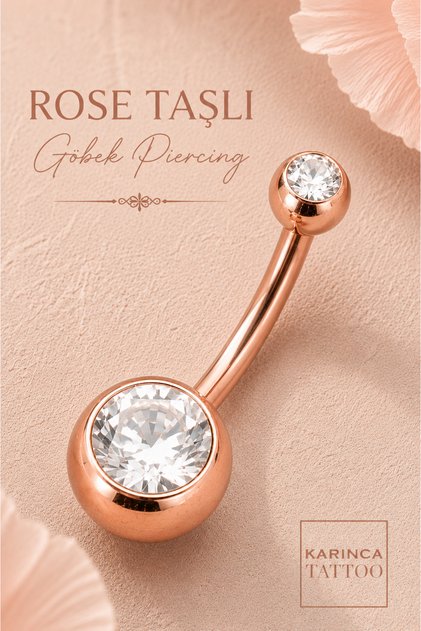Rose Renk Taşlı Göbek Piercing (KARINCA TATTOO) Cerrahi Çelik Rose Gold Piercing