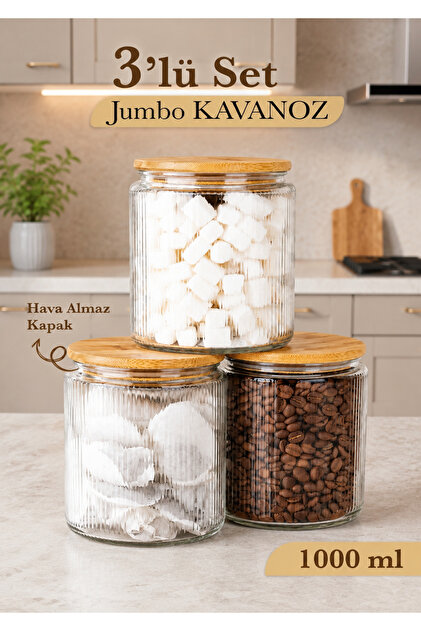 Set of 3 Striped Easy-To-Clean Wide-Mouth Glass Storage Jars for Legumes and Food 1000 ml