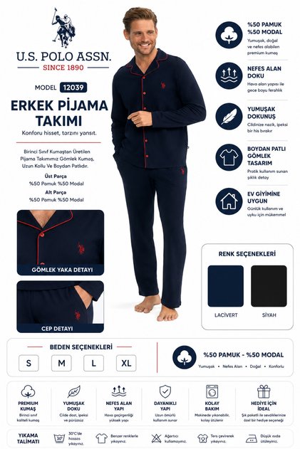 U.S. Polo Assn. - Men's Navy Blue Long Sleeve Pajama Set B1O.2.N.Ni.E.39