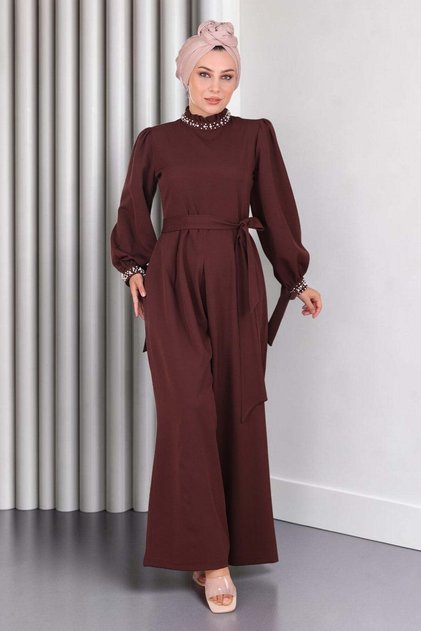 Pearl Detailed Jumpsuit Dress Brown 19152