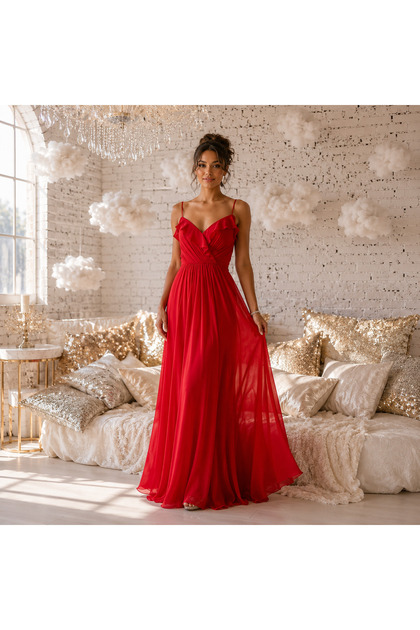 Rochie de seara rosie lunga in clos din voal