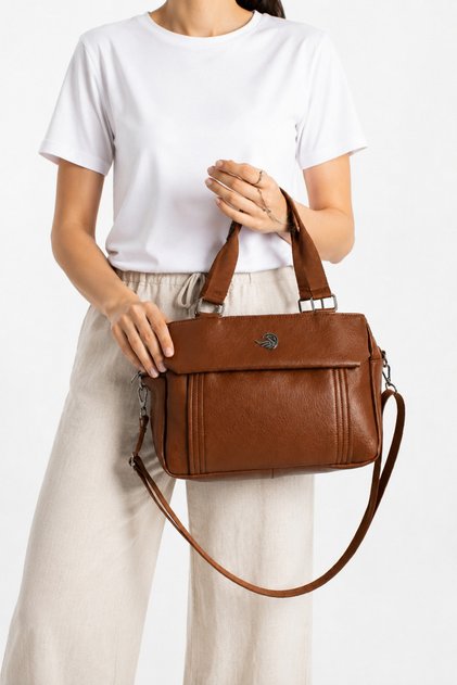 5-Compartment Tan Multi-Compartment Women's Hand and Shoulder Bag — Crossbody Design with Column Strap for Daily Organizer Use