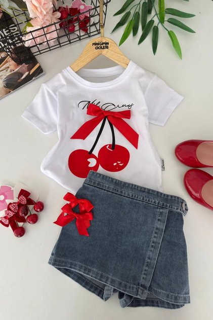 My Little One's Cherry Printed Bow Detailed Girls' Denim Shorts with Skirt 2-Piece Set - White