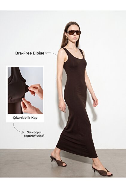 91733 Bra-Free Midi Elbise-Koyu Kahve