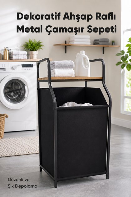 Metal Gövdeli Ahşap Raflı Banyo Düzenleyici - Kumaş Kirli Sepeti