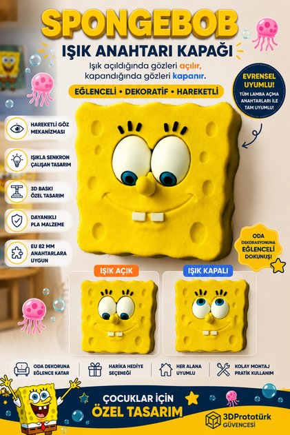 Sünger Bob Işık Anahtarı Kapağı | Gözleri Hareketli Işık Açma Kapama Aparatı | 3D Baskı Dekoratif Anahtar Kapağı | Çocuk Odası ve Oyun Odası Dekoru
